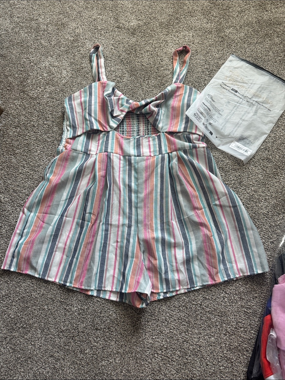 SHEIN Striped Pink Teal Gray Cream Tie-Front Romper